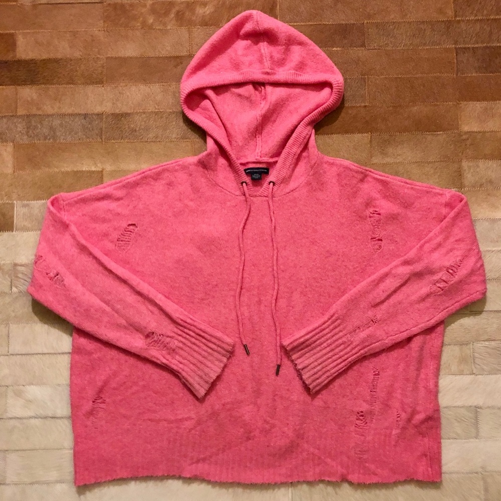 Bright Pink Distressed Hooded Sweater By AEO